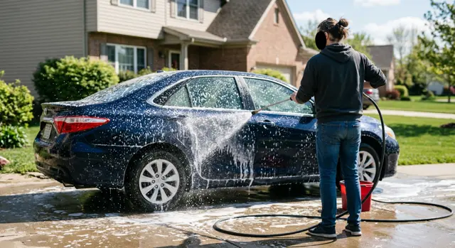 Rinsing soap suds off a car with a concentrated water jet