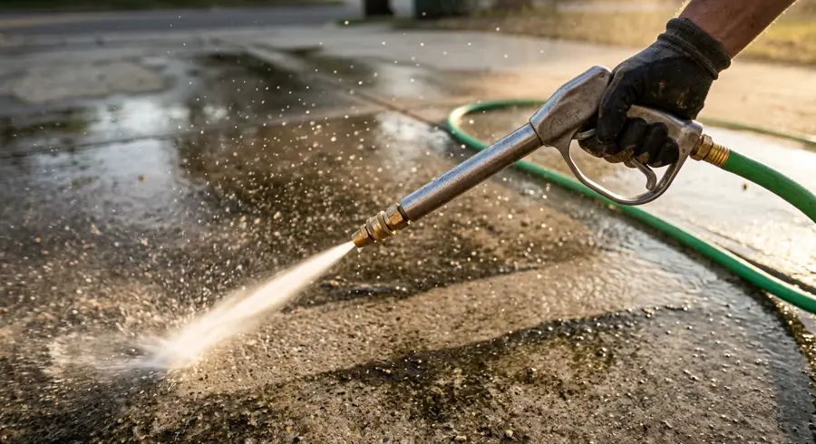 A brass-tipped JetStrike nozzle blasting a concentrated water jet across a dirty driveway