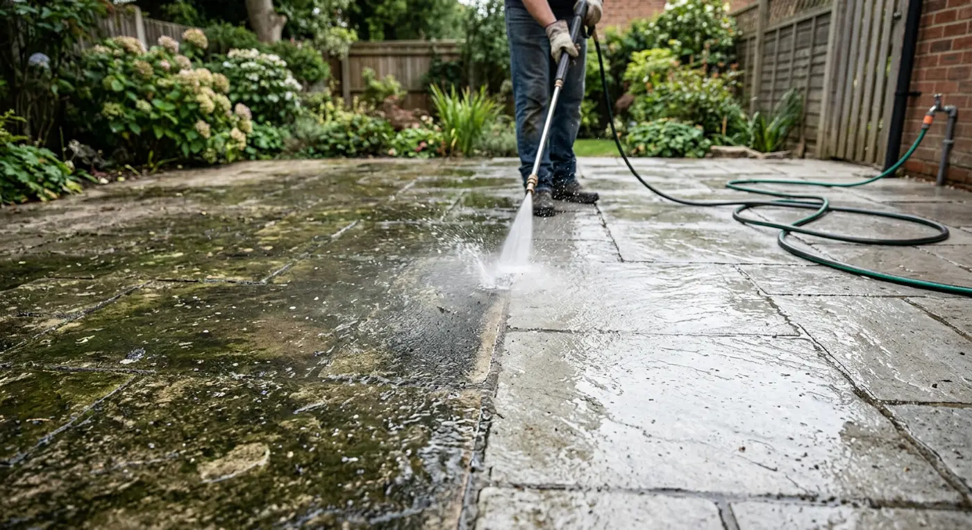 Stone patio shown half covered in algae grime and half power-rinsed clean