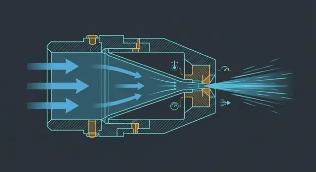 Diagram of water accelerating through a narrowing nozzle chamber