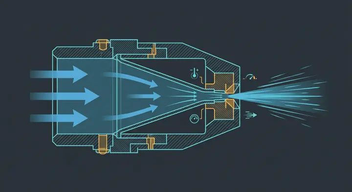 Diagram showing water accelerating through a narrowing Venturi chamber
